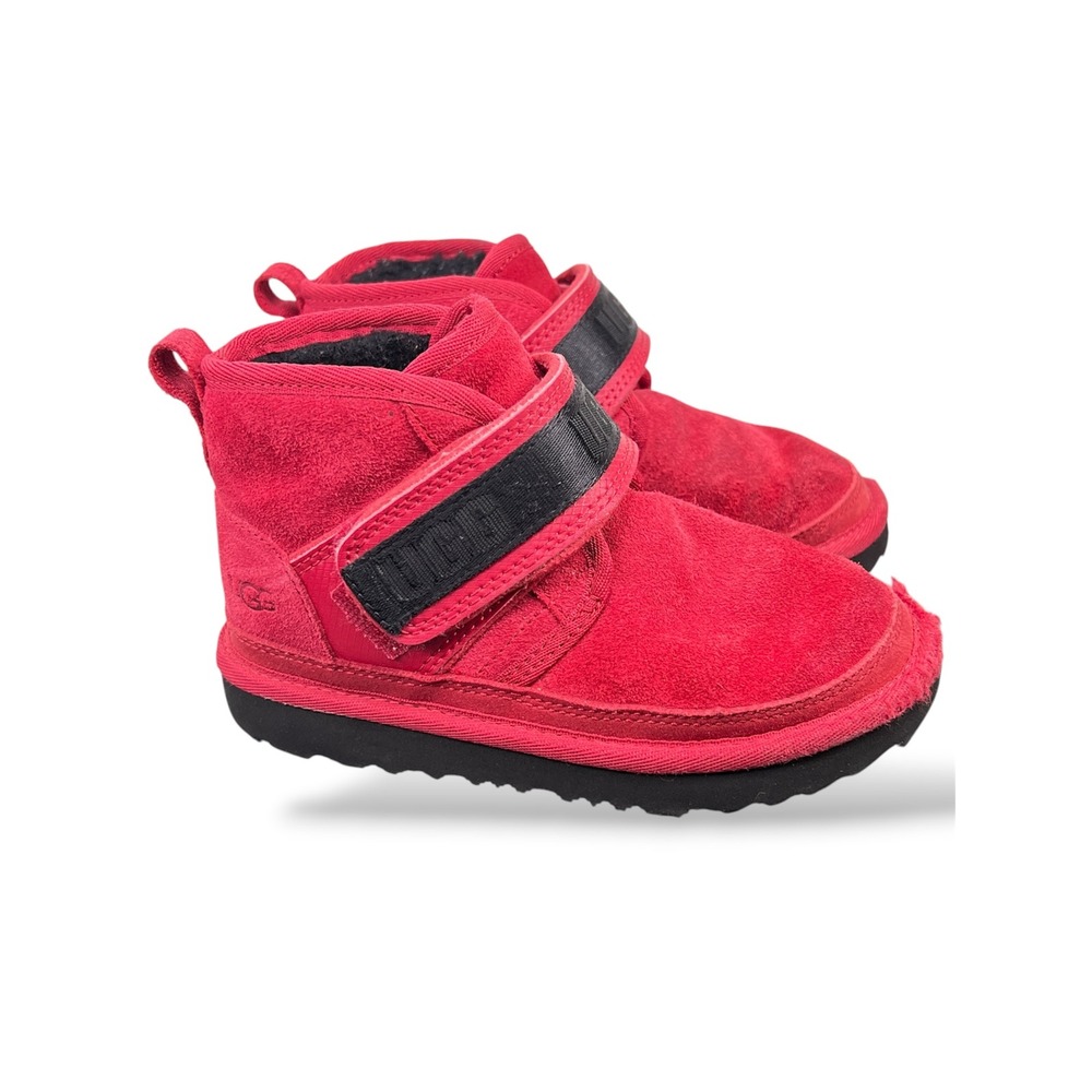 UGG Neumel II Graphic Strap Red Suede Kids Boots Size 11 girls